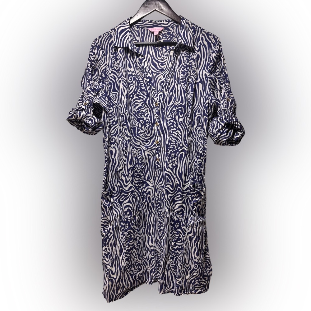 Lilly Pulitzer Norris Dress Womens L Blue Zebra Swirl Print Mini 3/4 Sleeves